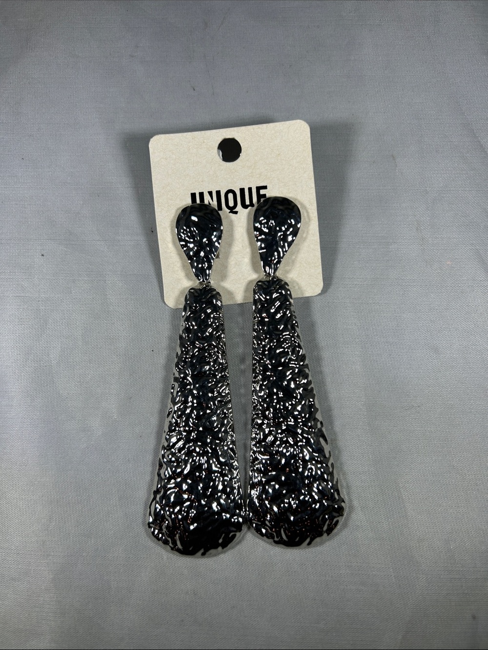 Unique Glossy Black Textured Teardrop Dangle Earrings
